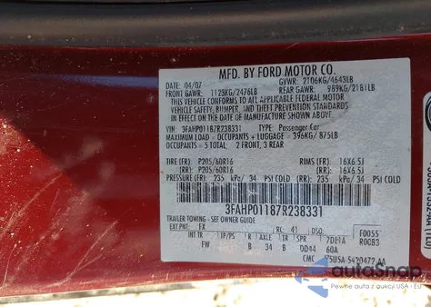 2007 Ford Fusion Se from USA, damaged, VIN 3FAHP01187R238331